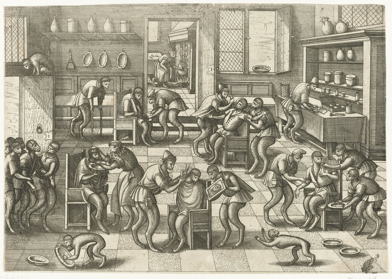 Frisörer och kirurger butik Monkey Game (serietitel) av Pieter van der Borcht (I)