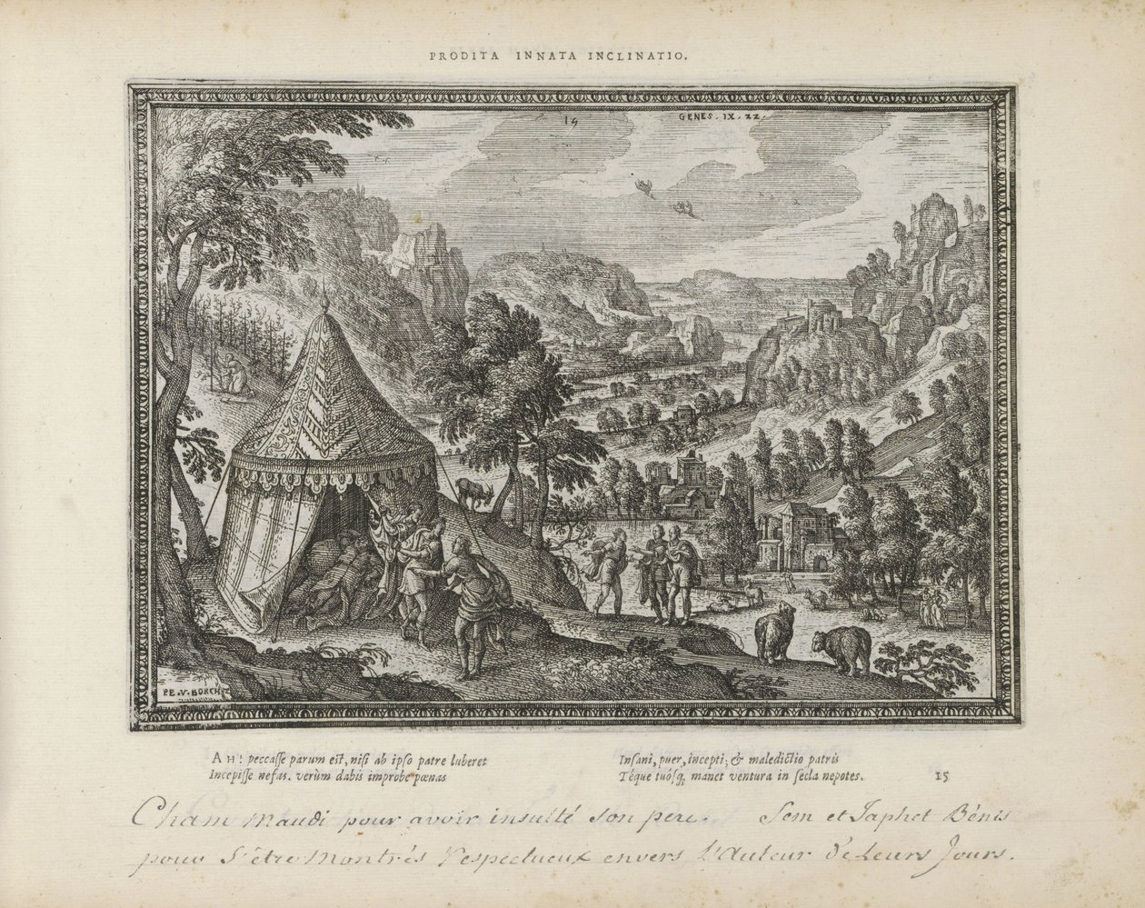 Dronkenschap van Noach Förrådd medfödd böjelse (titel på objekt) The Sacred Emblems and the Main History of Both Testaments (Oude Testament) (serietitel) Bilder och figurer av böcker (serietitel) av Pieter van der Borcht (I)