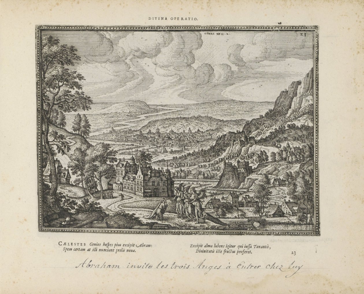 Landschap met Abraham en de drie engelen Gudomlig operation (titel på objekt) The Sacred Emblems and the Main History of Both Testaments (Oude Testament) (serietitel) Bilder och figurer av böcker (serietitel) av Pieter van der Borcht (I)