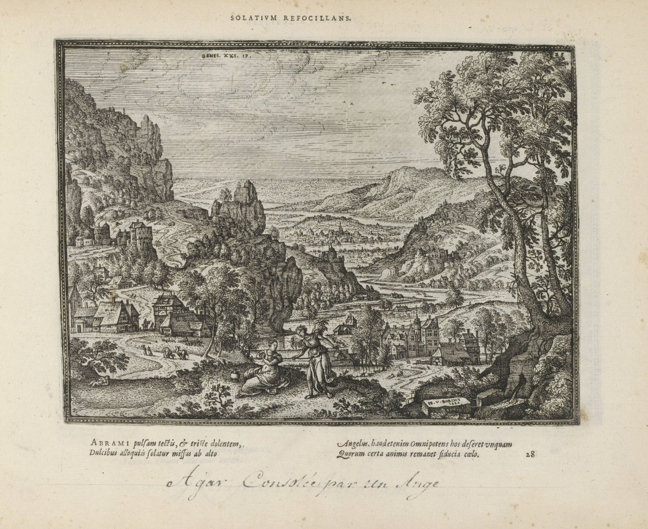 Landschap met Hagar en de engel Trösta elden (titel på objekt) The Sacred Emblems and the Main History of Both Testaments (Oude Testament) (serietitel) Bilder och figurer av böcker (serietitel) av Pieter van der Borcht (I)
