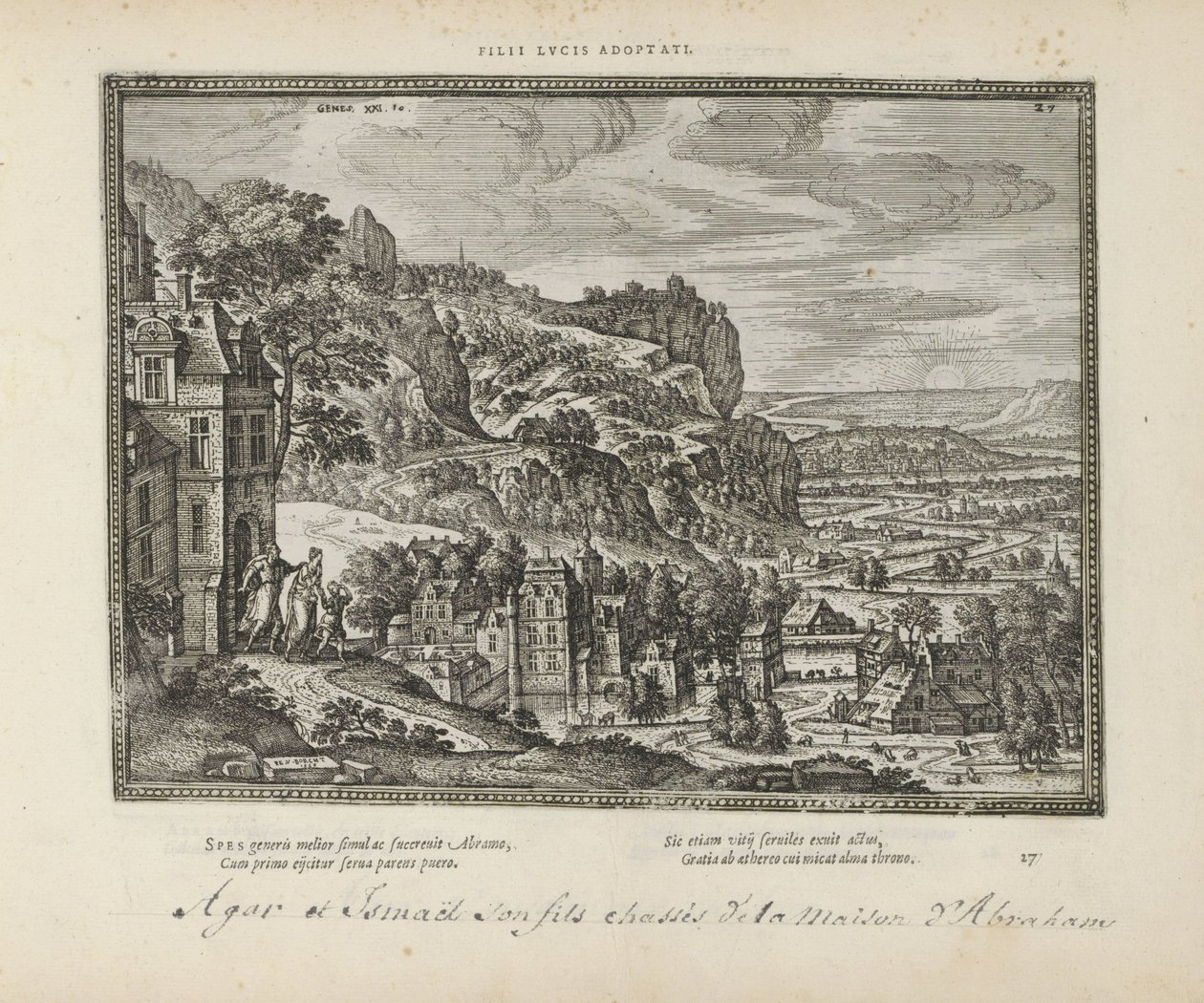 Landschap met de verdrijving van Hagar en Ismaël genom Abraham Adopterade söner av lucus (titel på objekt) The Sacred Emblems and the Main History of Both Testaments (Oude Testament) (serietitel) Bilder och figurer av böcker (serietitel) av Pieter van der Borcht (I)