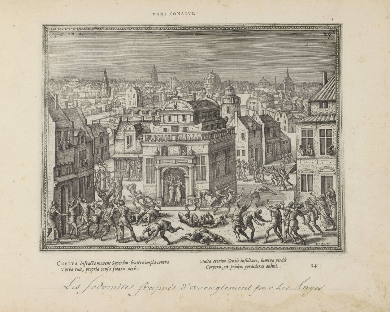 Mannen van Sodom mötte blindheidslagen (titel på objekt) The Sacred Emblems and the Main History of Both Testaments (Oude Testament) (serietitel) Bilder och figurer av böcker (serietitel) av Pieter van der Borcht (I)
