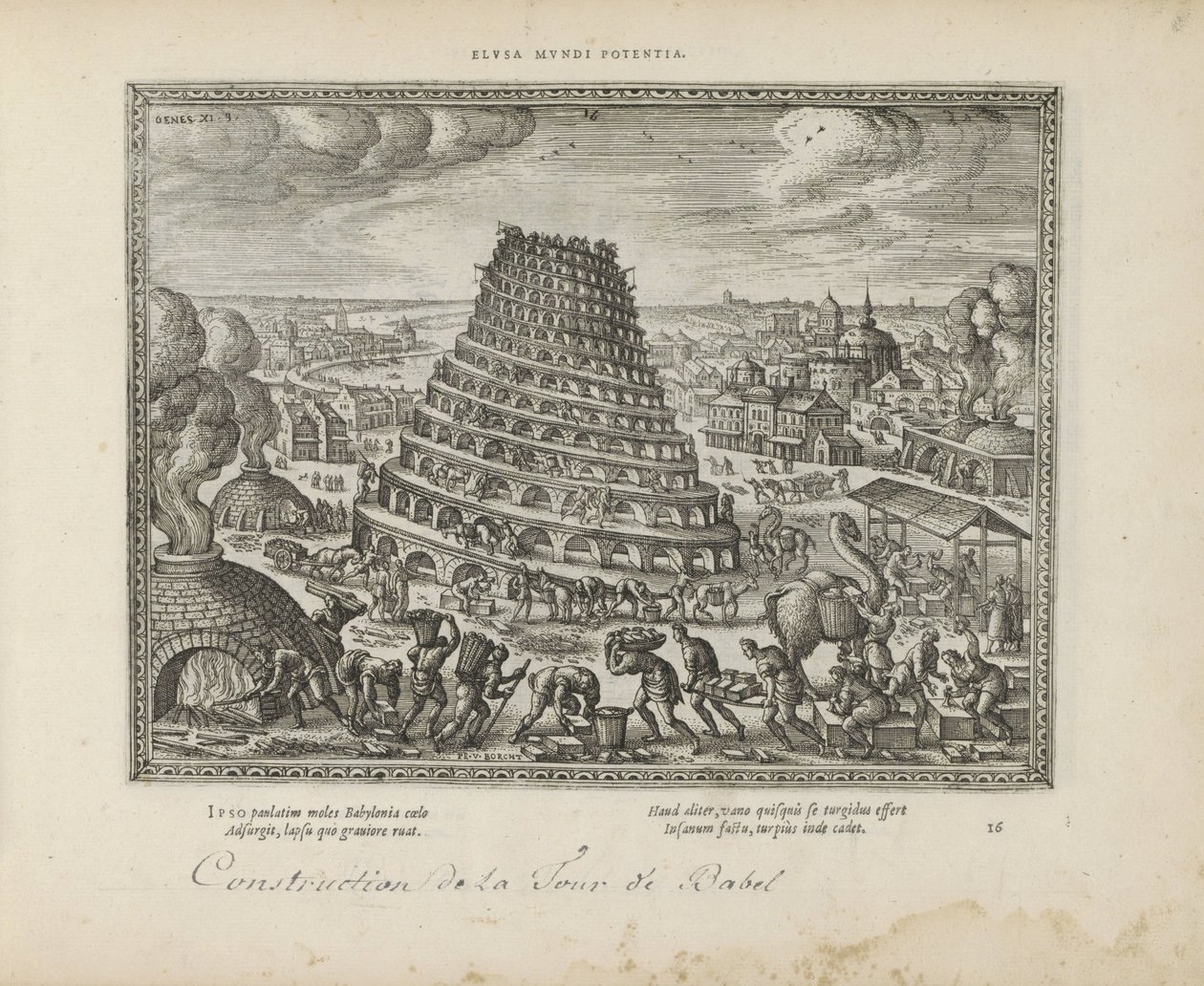 Toren van Babel Elusa mundi potenia (titel på objekt) The Sacred Emblems and the Main History of Both Testaments (Oude Testament) (serietitel) Bilder och figurer av böcker (serietitel) av Pieter van der Borcht (I)