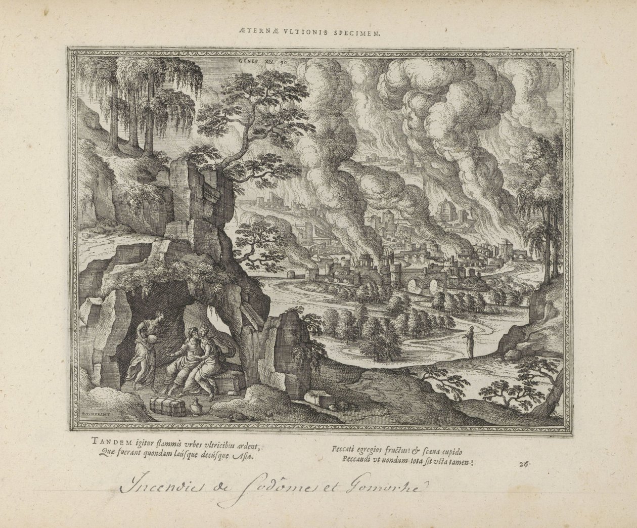 Vernietiging van Sodom en Gomorra / Lot en zijn dotters Eternal monument of justice (titel på objekt) The Sacred Emblems and the Main History of Both Testaments (Oude Testament) (serietitel) Bilder och figurer av böcker (serietitel) av Pieter van der Borcht (I)