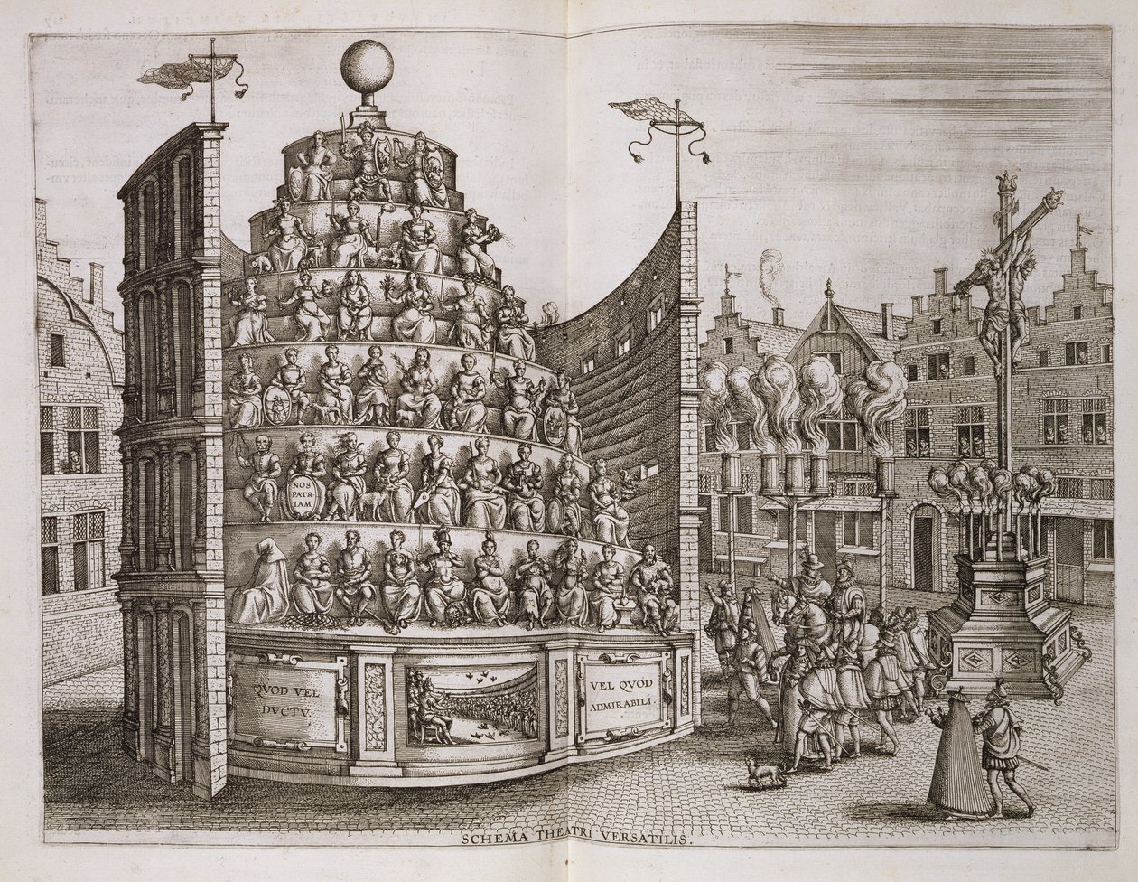 Illustration som visar en rörlig teater, från "Historicas berättelse om avgång och invigning..." av Johannes Bochius, Plantin Press, 1602 av Pieter van der Borcht