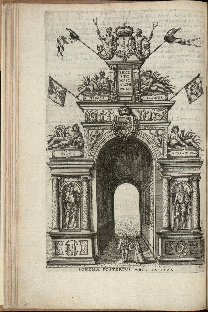 Floderna Tejo, Plata, Ganges och Hydaspes. Baksidan av den portugisiska triumfbågen, Ernst, ärkehertig av Österrikes intåg i Antwerpen, publicerad 1595 (gravyr) av Pieter van der Borcht