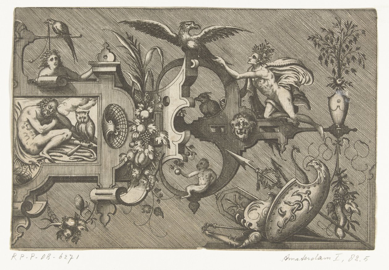 Högra halvan av en stor kartusch föreställande natten Compertimenta pictoriis flosculis manubiisque... (serietitel) av Pieter van der Heyden