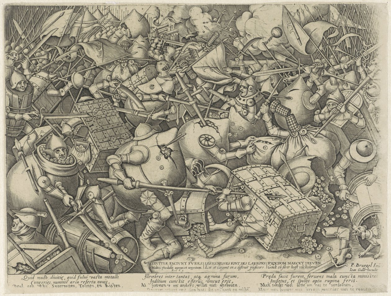 Kampen mellan pengapåsarna och sparbössorna Divitiae faciunt fures / Les Richesses font des larrons / Ryckdom maeckt tjuvar (titel på objekt) av Pieter van der Heyden