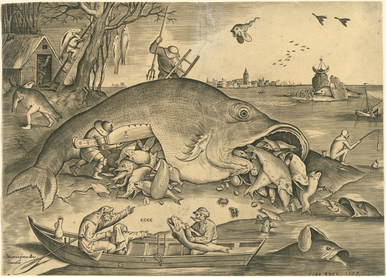Den stora fisken ät den lilla fisken av Pieter van der Heyden after Pieter Bruegel the Elder