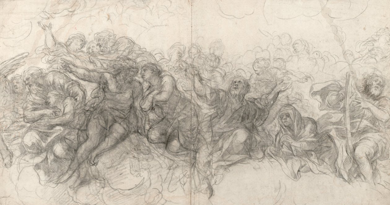 Abraham och Isak, Adam och Eva, Noa och, på den högra kanten, David med en harpa, 1647 av Pietro da Cortona