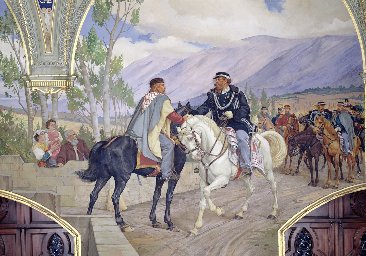 Mötet mellan Giuseppe Garibaldi (1807-82) och kung Vittorio Emanuele II (1820-78) den 26 oktober 1860 i Teano, Italien, detalj om de två ledarna som skakar hand, 1886 (detaljer om av Pietro Aldi