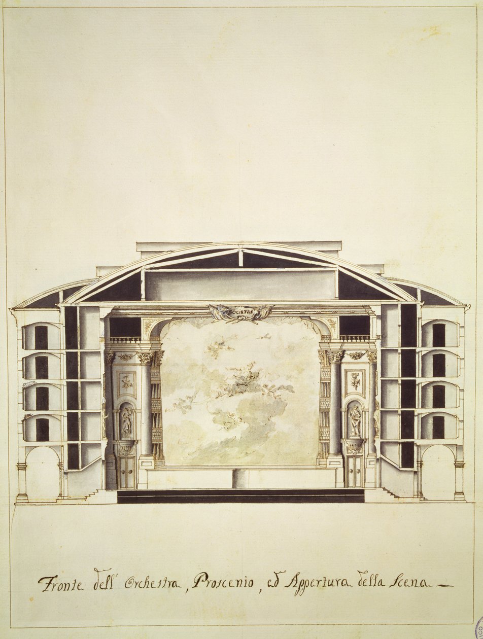 Tvärsnittsvy av en teater vid Canal Grande som visar scenen och orkestern, 1787 av Pietro Bianchi