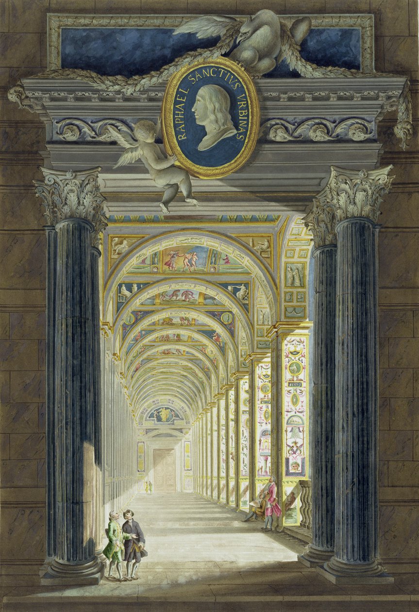 Frontispice med ett medaljongporträtt av Rafael (1483-1520), från Delle Loggie di Rafaele nel Vaticano, graverad av Giovanni Volpato (1735-1803), publicerad ca 1772-77 (handkolorerad gravyr). av Pietro Camporesi