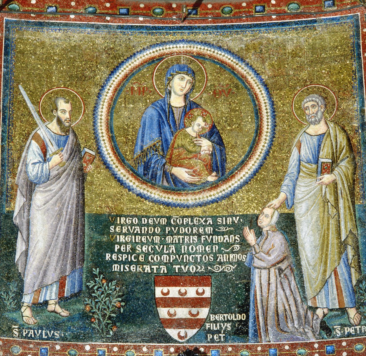 Madonna och barn mellan de heliga Peter och Paulus med beskyddaren Stefaneschi (mosaik) av Pietro Cavallini