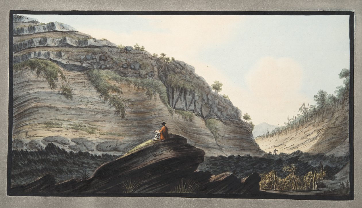 Interiörvy av en av de djupaste ihåliga vägarna som skärs av regnvattnets strömmar på Vesuvius flanker, plattan XXXIX, från 
