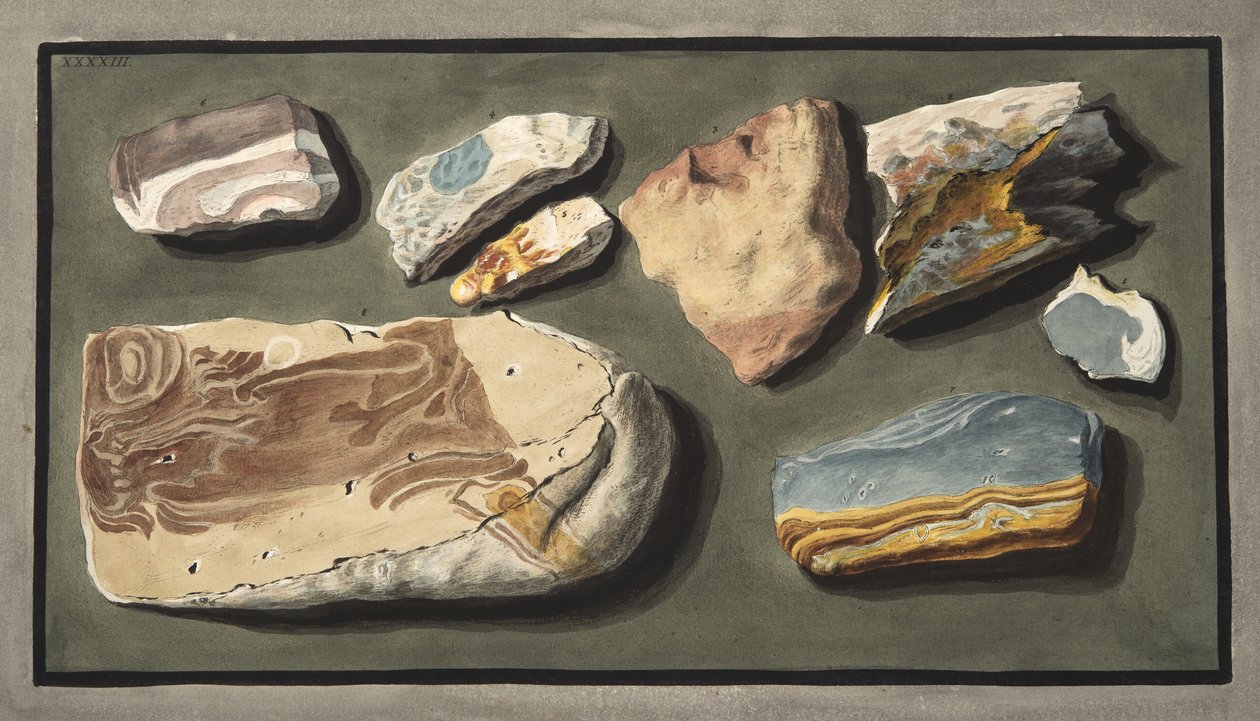 Exemplar av en märklig vulkanisk substans som tagits från en hålväg som leder från Pisciarelli till Solfaterra, platta XXXXIII, från "Campi Phlegraei": Observations on the Volanoes of the Two Sicilies", av av Pietro Fabris