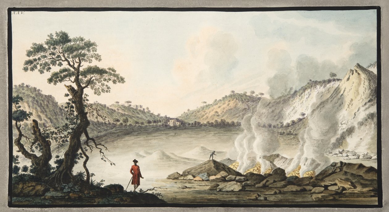 Vy över Solfaterra, platta XXV, från "Campi Phlegraei": Observations on the Volanoes of the Two Sicilies", av Sir William Hamilton (1730-1803), publicerad 1776 (handkolorerad gravyr). av Pietro Fabris