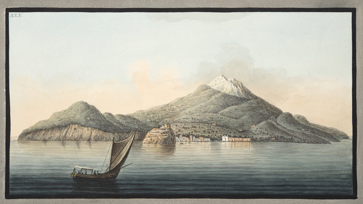 Vy över ön Ischia från havet, platta XXX, från "Campi Phlegraei": Observations on the Volanoes of the Two Sicilies", av Sir William Hamilton (1730-1803), publicerad 1776 (handkolorerad engr. av Pietro Fabris