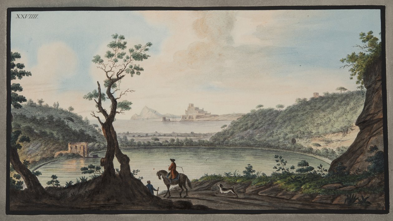 Vy över sjön Avernus från vägen mellan Puzzoli och Cuma, platta XXIX, från "Campi Phlegraei": Observations on the Volanoes of the Two Sicilies", av Sir William Hamilton (1730-1803), publicerad 1 av Pietro Fabris