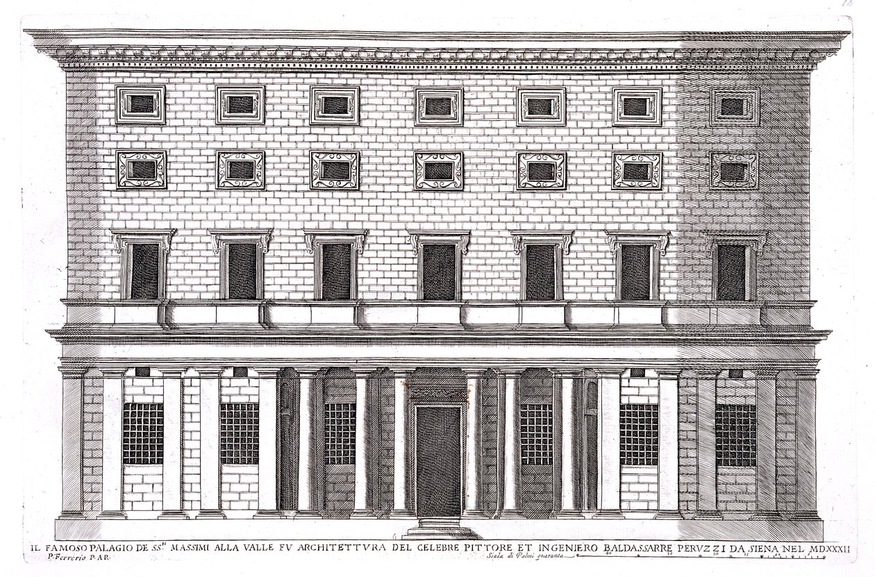 Vy över fasaden på Palazzo Massimi alla Valle i Rom, ritad av Baldassarre Peruzzi (1481-1536) 1532. av Pietro Ferrerio