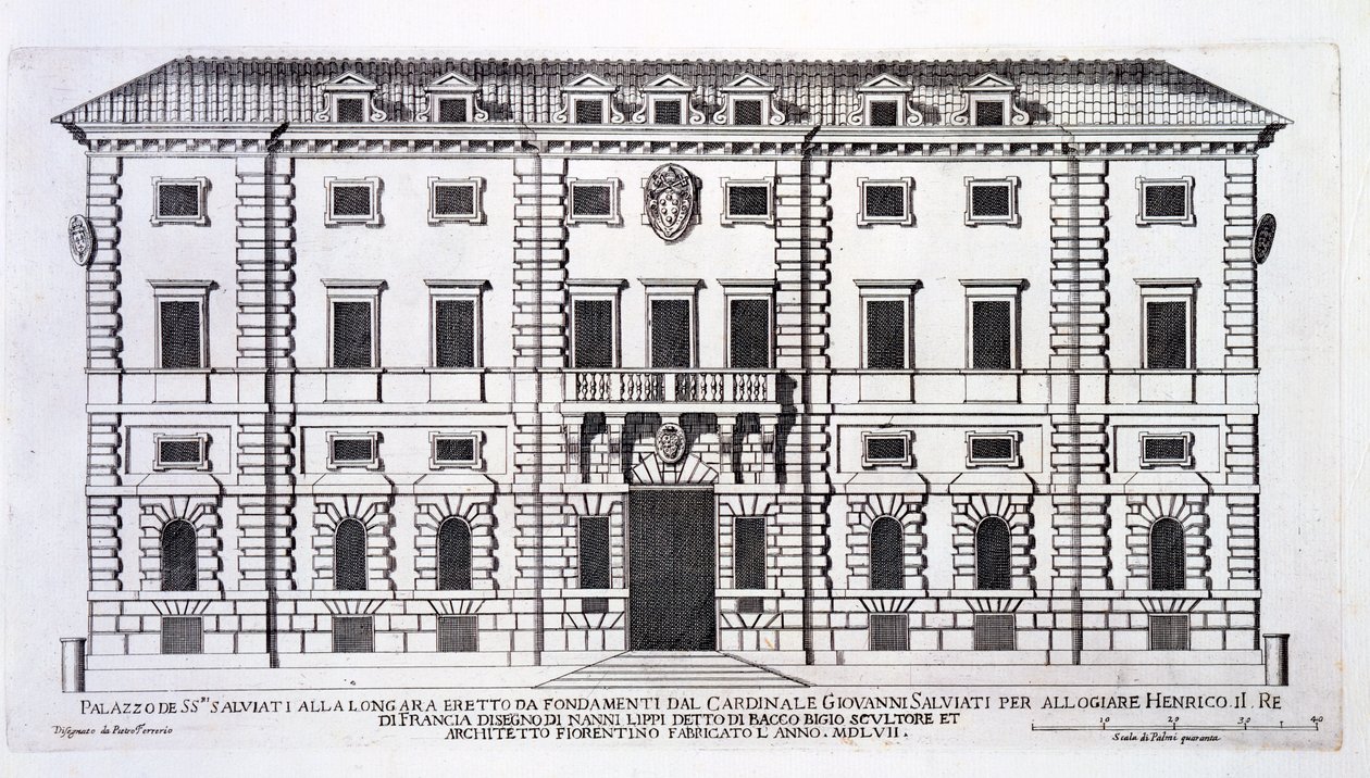 Utsikt över fasaden på Palazzo Salviati i Rom, beställd av kardinal Giovanni Salviati för att hysa Henrik, kung av Frankrike, och designad av Nanni di Baccio Bigio (d.c.1568) 1557 av Pietro Ferrerio