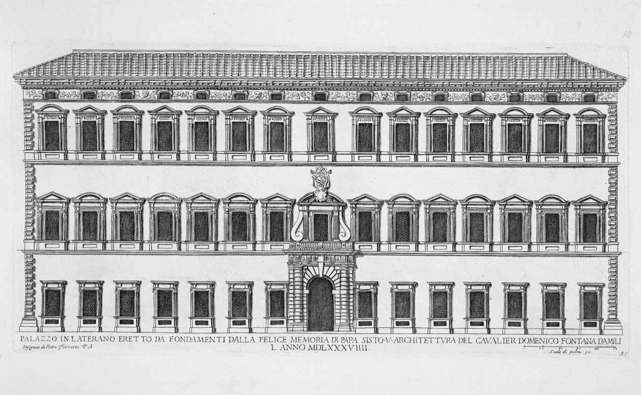 Vy över fasaden på Lateranpalatset i Rom, beställt av påven Sixtus V och ritat av Domenico Fontana (1543-1607) 1589. av Pietro Ferrerio