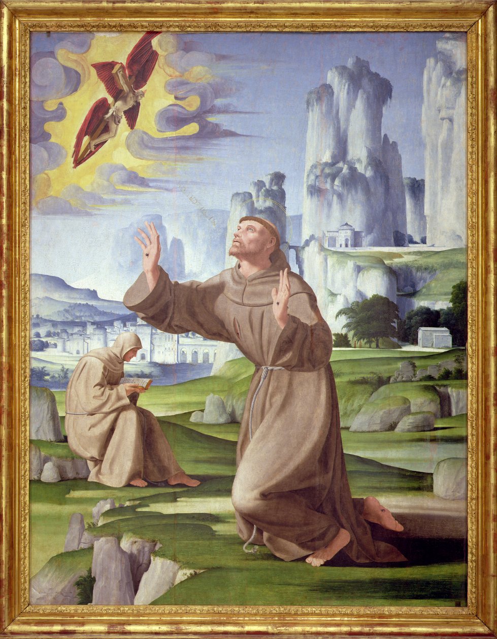 St. Franciskus som tar emot Stigmata (tempera på panel) (se även 59263) av Pietro Francione