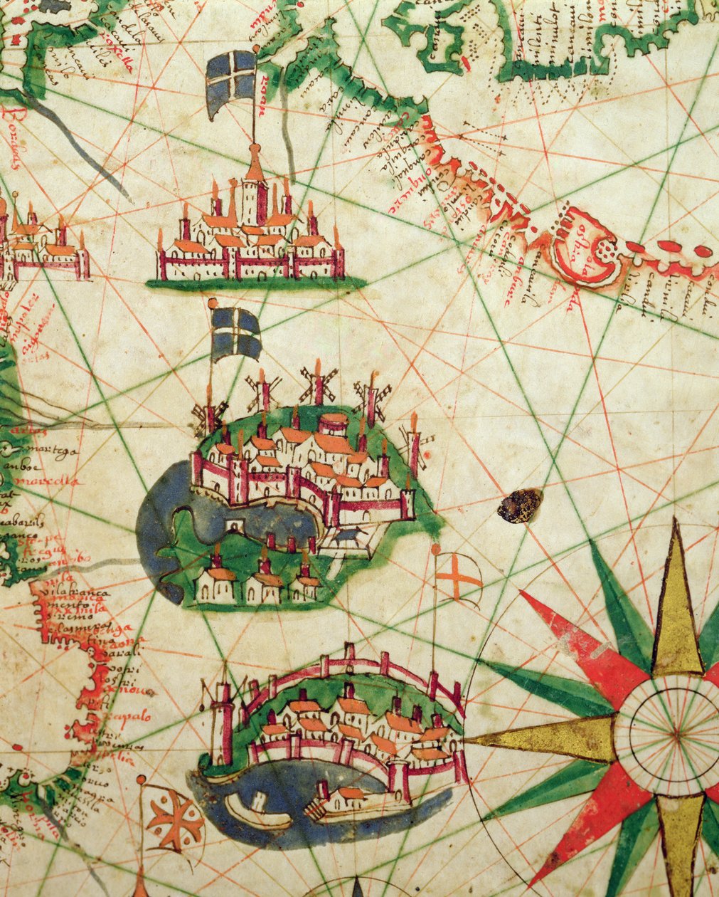 Städerna Marseille och Genua med sina hamnar, från en nautisk atlas, 1651 (bläck på veläng) (detalj från 330919) av Pietro Giovanni Prunes