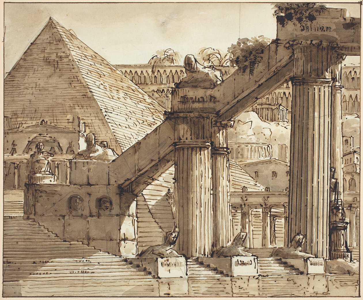 Egyptisk scendesign, 1800-10 (penna och brunt bläck med brun tvätt över grafit på lagt papper) av Pietro Gonzaga