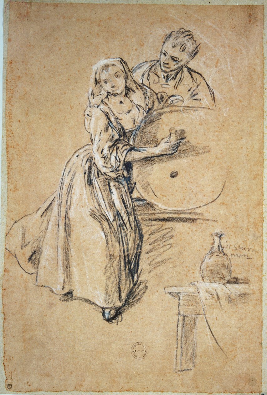 Vinhällare med ett kort för ung man (krita). av Pietro Longhi