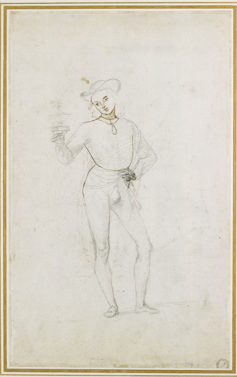 En studie av en figur i en tillbedjan av de tre vise männen (svart krita med penna och brunt bläck på vitt papper) av Pietro Perugino