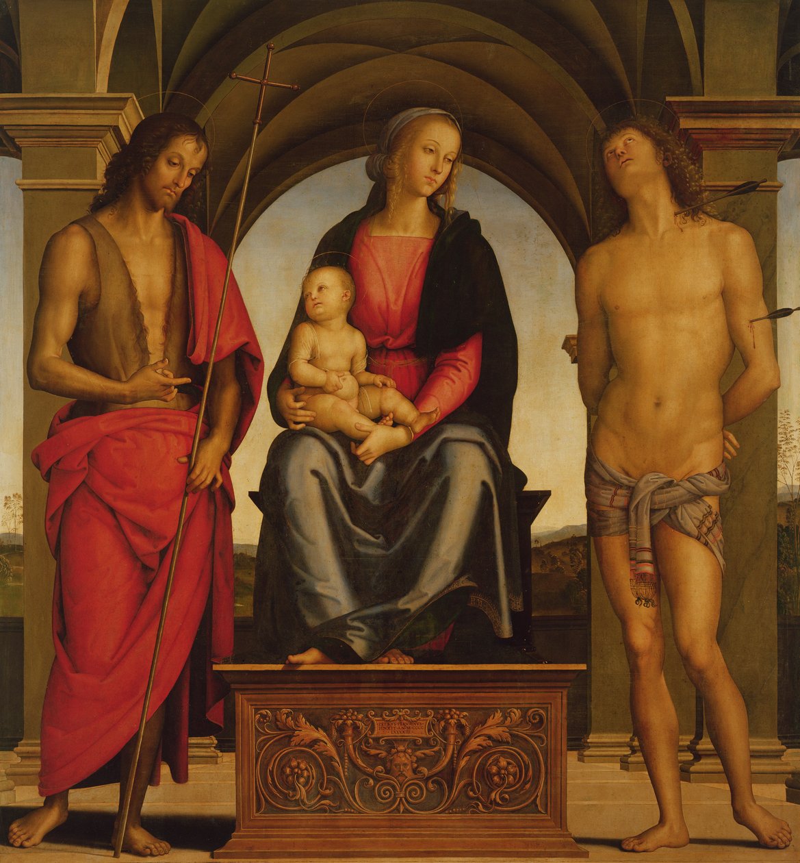 Madonna och barn tronade mellan Johannes Döparen och St Sebastian, 1493 av Pietro Perugino