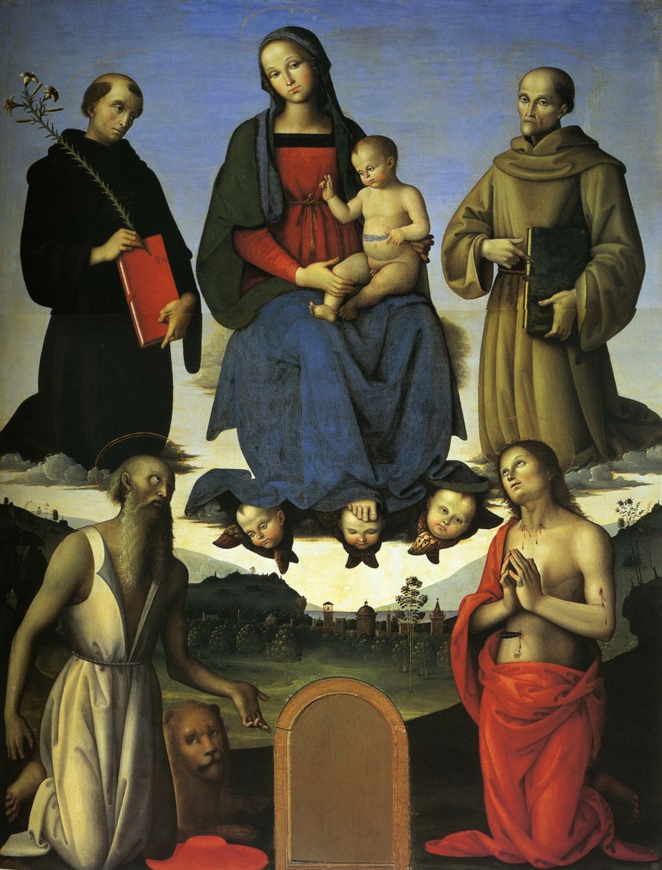 Pala Tezi (Virgin med barnet, San Nicola da Tolentino och San Bernardino da Siena) av Pietro Perugino
