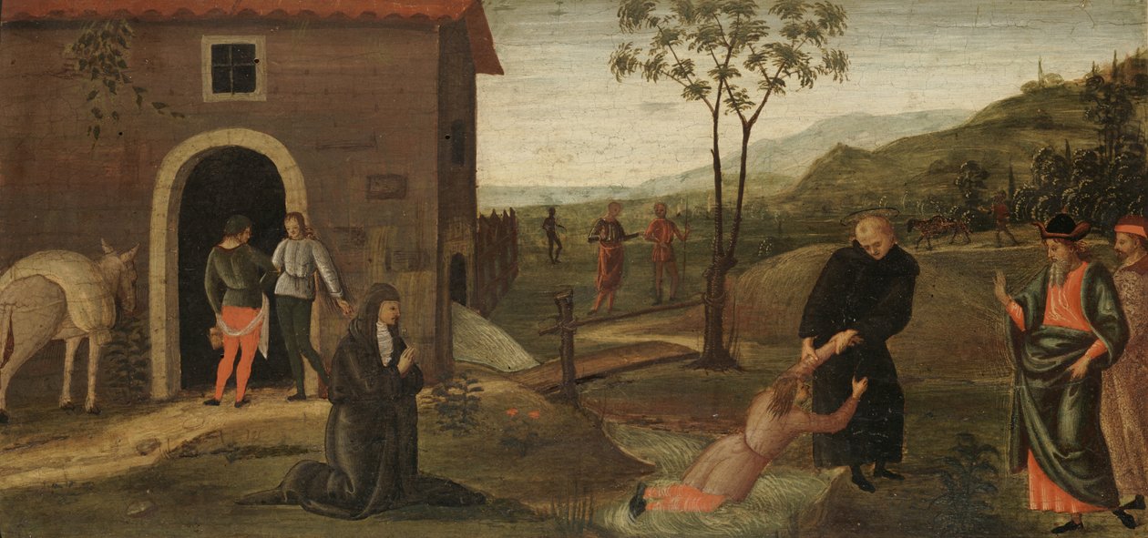 St. Nicholas av Tolentino räddar en pojke från att drunkna, ca 1500-30 (tempera på träpanel) av Pietro Perugino