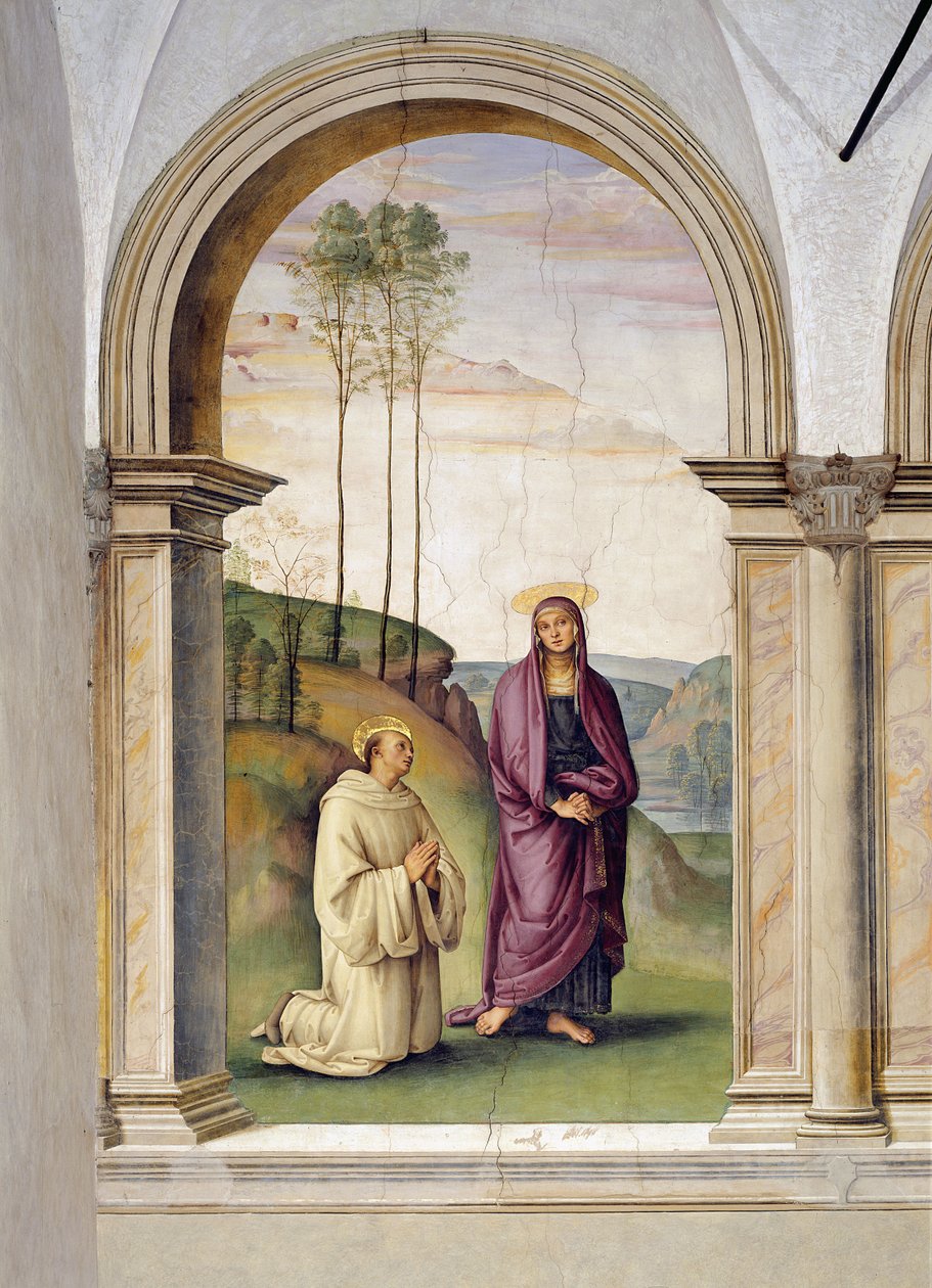 Korsfästelsen, detalj av St. Bernard och Maria Magdalena, 1494-96 freskdetalj av 230578 av Pietro Perugino
