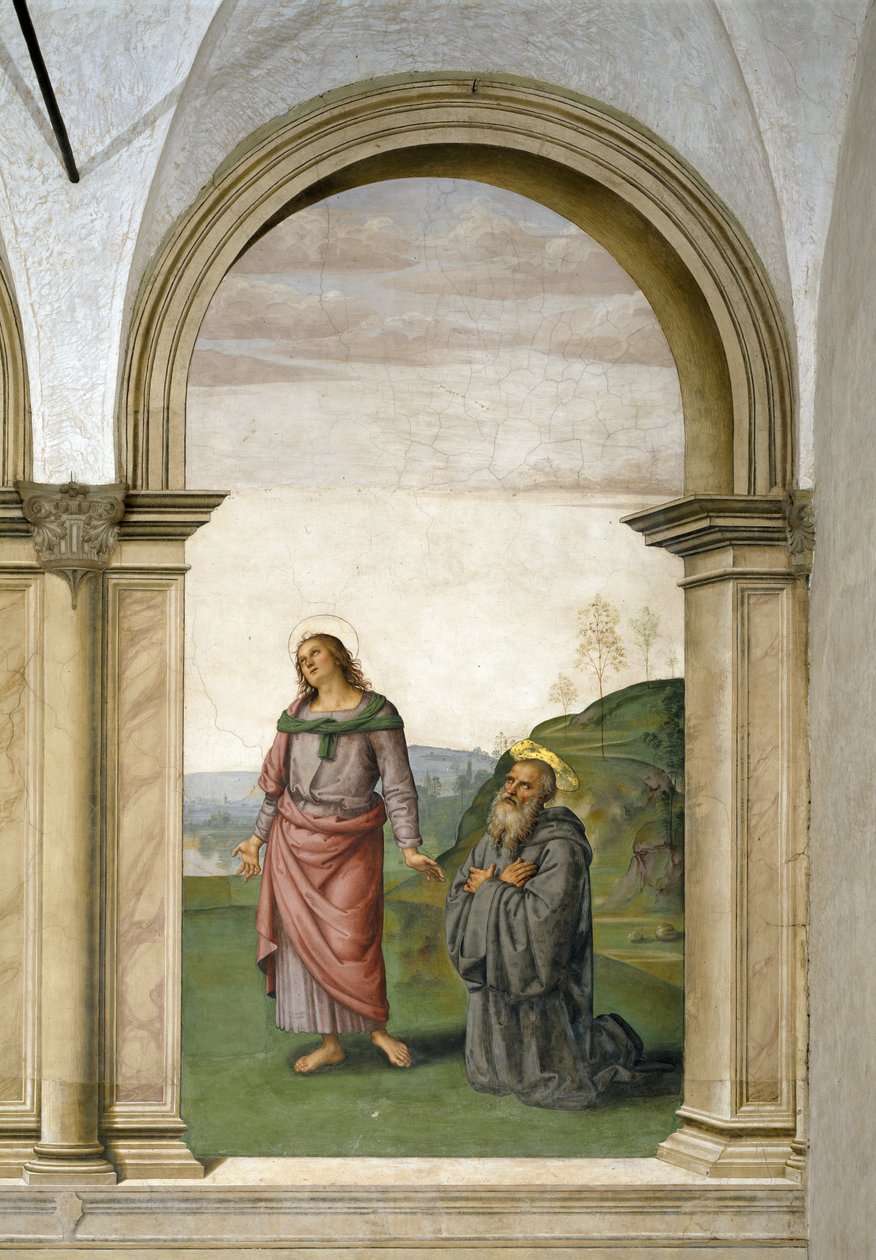 Korsfästelsen, detalj av Johannes evangelisten och St Benedikt, 1494-96 freskdetalj av 230578 av Pietro Perugino