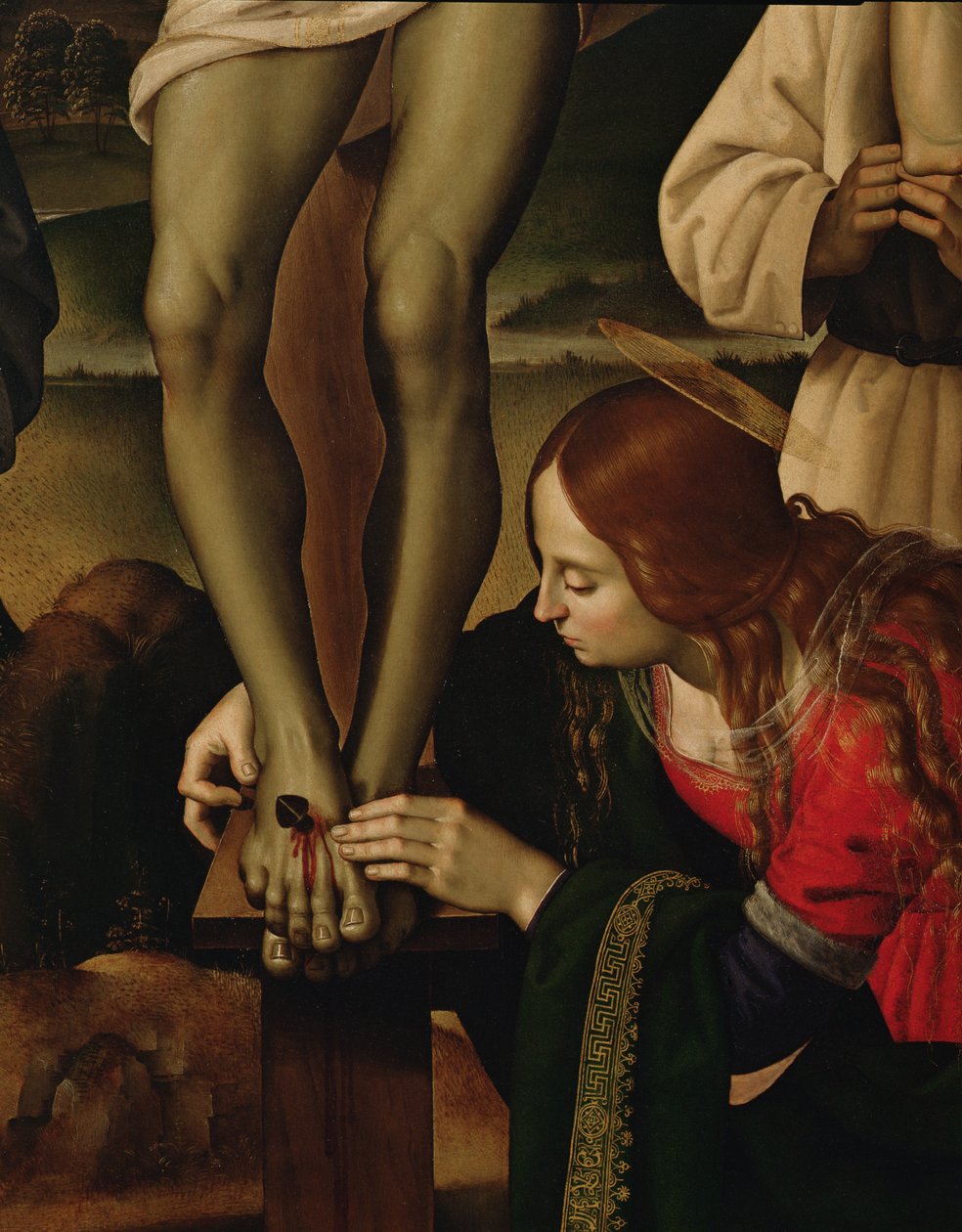 Korsfästelsen med heliga, c.1480-1500 olja på paneldetalj av 85666 av Pietro Perugino