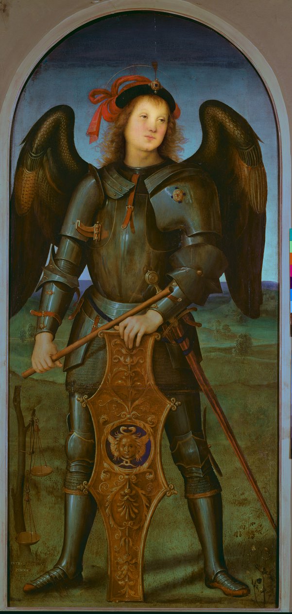 Jungfrun och barnet med SS. Raphael och Michael: vänster panel av St. Michael, ca 1499 (panel) av Pietro Perugino