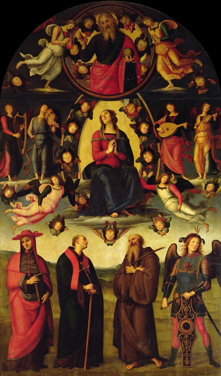 Jungfrun tronade, med änglar och helgon (Vallombrosa altartavla) av Pietro Perugino