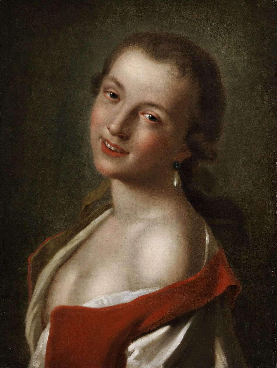 Halbbildnis eines jungen lächelnden Mädchens mit tropfenförmigem Perlohrring av Pietro Antonio Rotari
