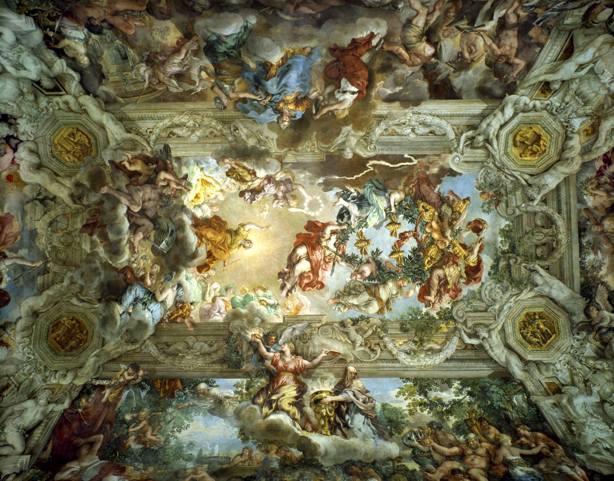 Allegori över gudomlig försyn och Barberinis makt, tak i Palazzo Barberinis sal, Rom, Italien, 1633-39 av Pietro da Cortona
