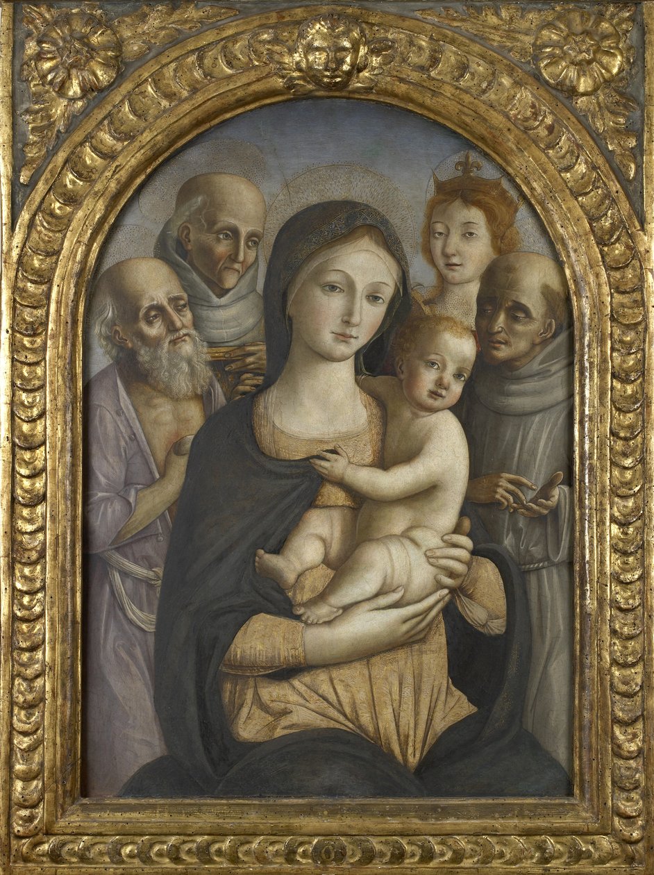 Jungfrun och barnet med SS. Jerome, Bernardino av Siena, Katarina av Alexandria och Franciskus, 1400-talet av Pietro di Francesco degli Orioli