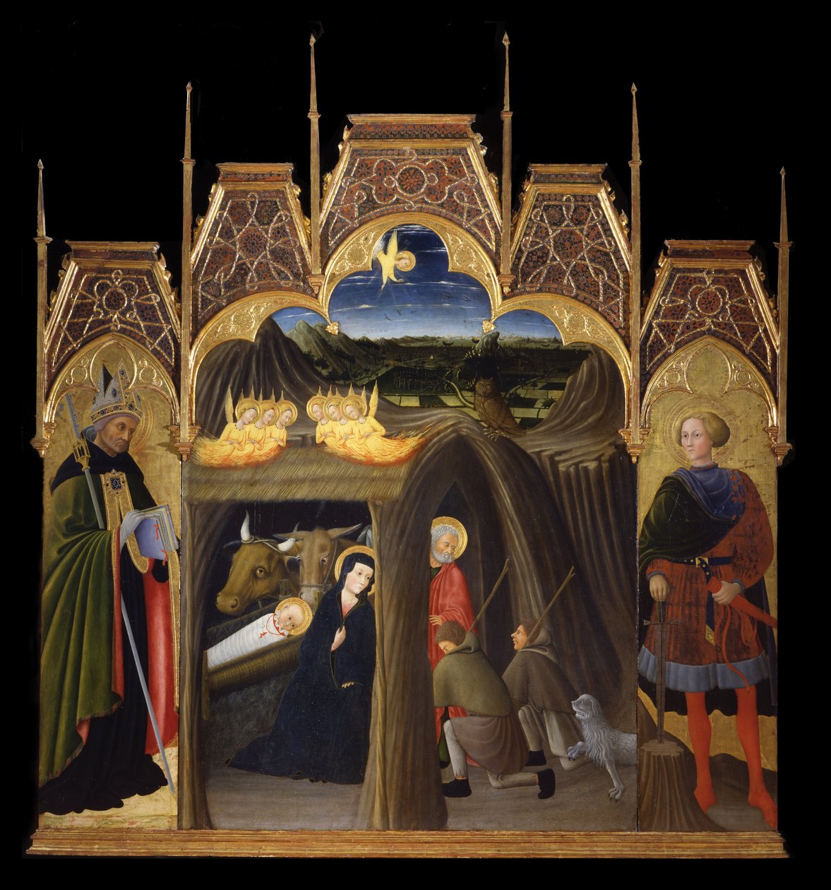 Adoration of the Shepherds between Saints Augustin and Galgano av Pietro di Giovanni