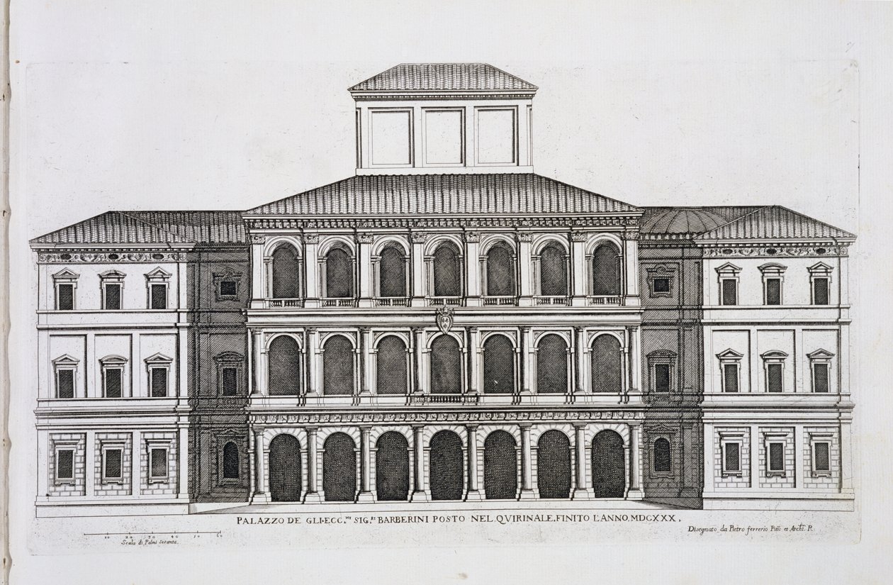 Palazzo Barberini på Quirinale, färdigställt 1630, från "Palazzi di Roma", del I, publicerad 1655. av Pietro Ferrerio