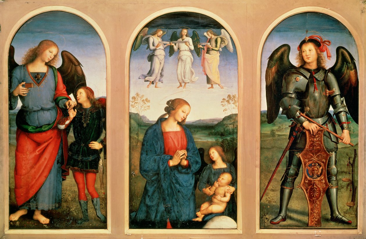 Jungfrun med änglar, vänster och höger Ärkeänglar Raphael med unge Tobias och fisken och Raphael ... (målning på duk) av Pietro (after) Perugino