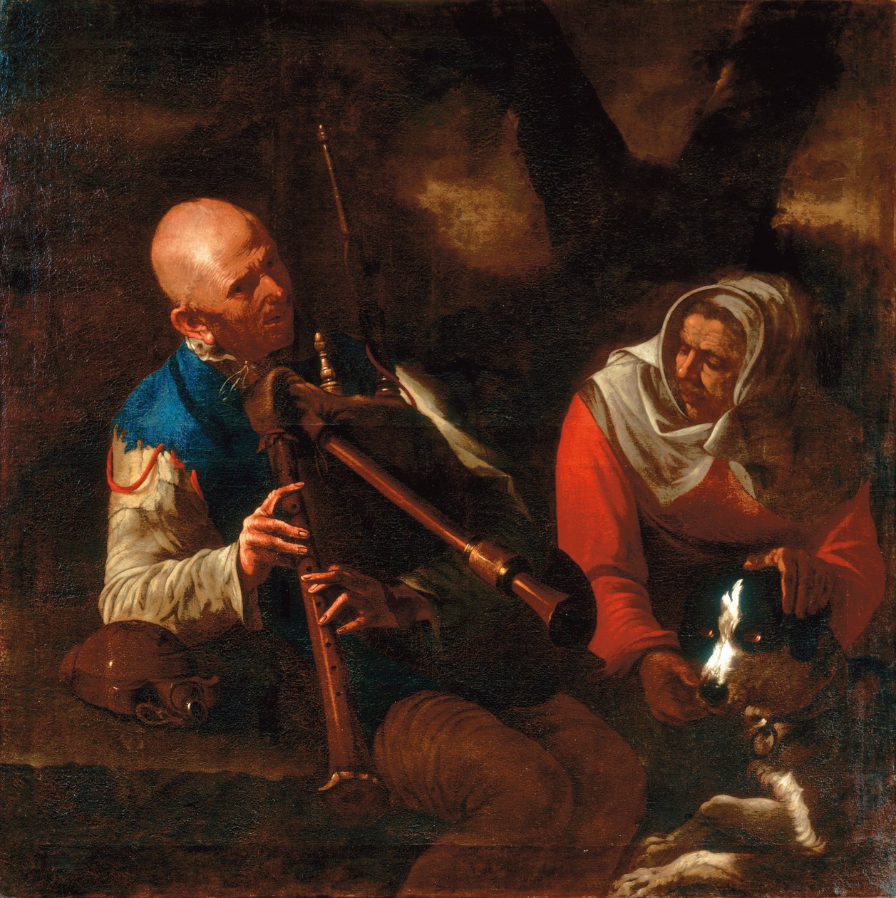 En bonde som spelar säckpipa och en gammal kvinna som lyssnar med en hund (olja på duk) av Pietro (circle of) Paolini