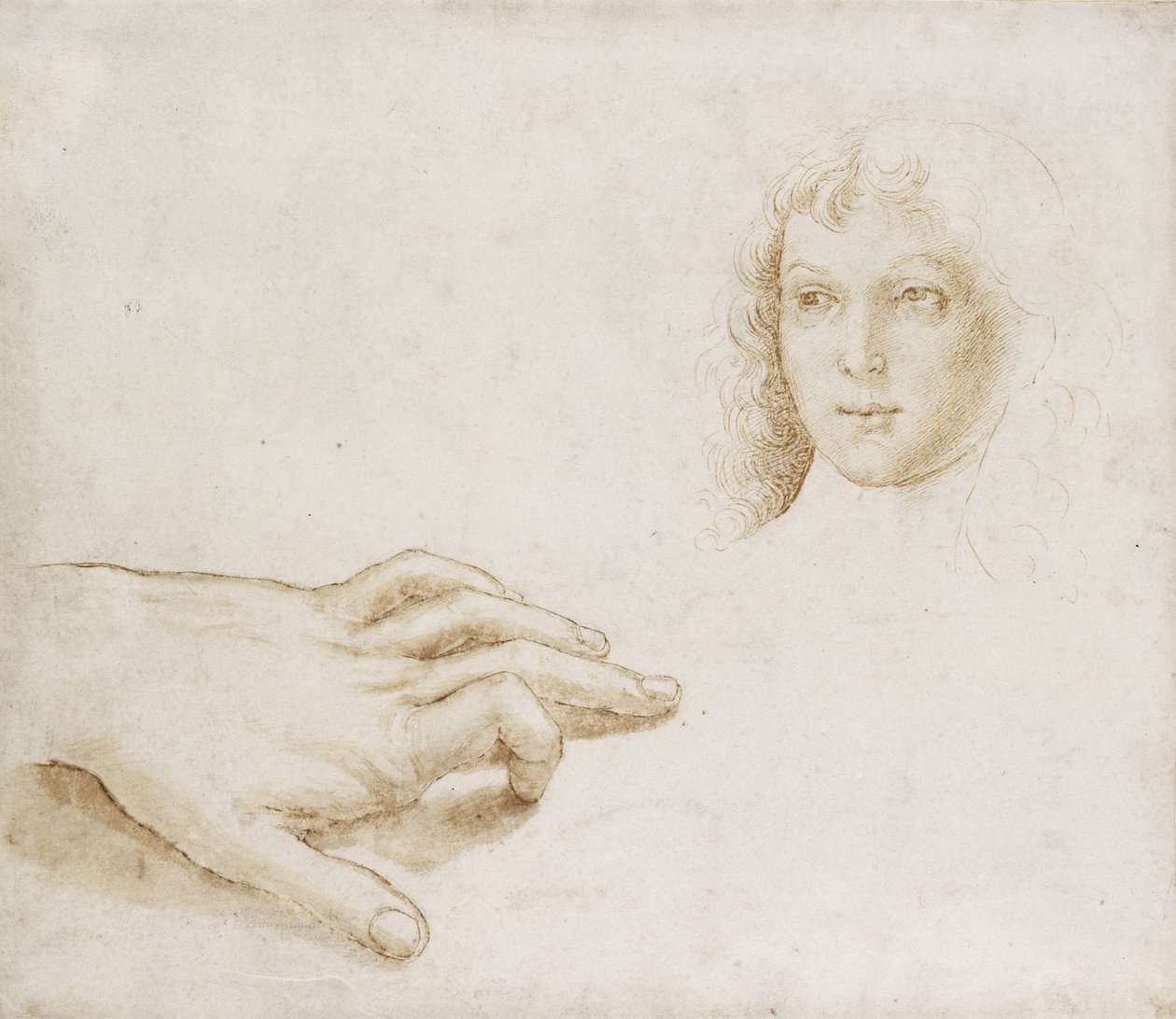 Studier av ett huvud och en hand (penna och pensel i ljusbrunt bläck över metallspets på vitt papper) av Pietro (circle of) Perugino
