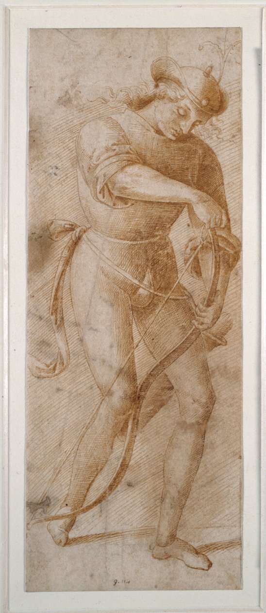 En ung man stränger sin båge (penna & brunt bläck på vitt papper) av Pietro (follower of) Perugino