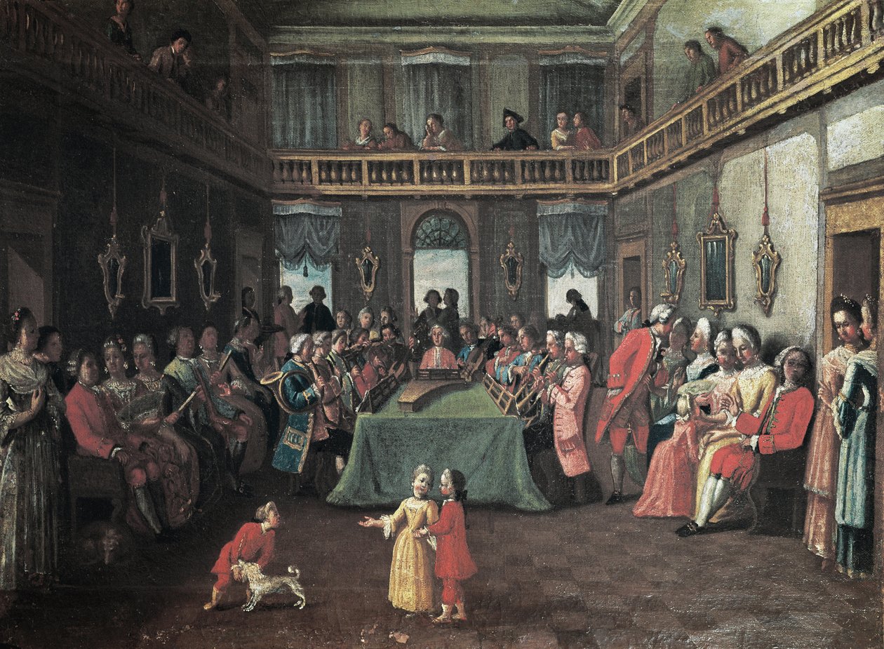 Konsert i ett privat hus - Privat konsert i ett hus. Målning av Pietro Longhis skola av Pietro (school of) Longhi