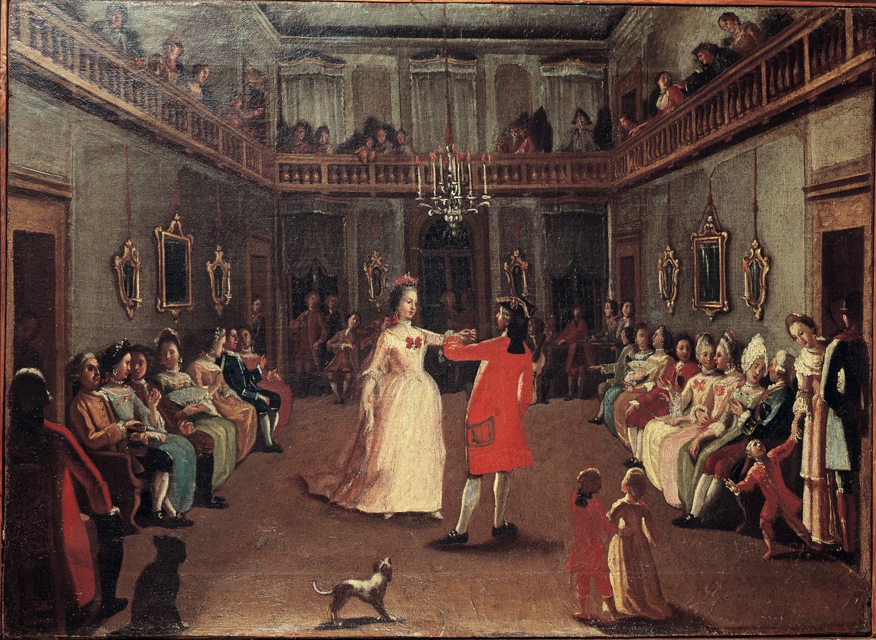 Opening the Ball - Öppnandet av bollen. Målning av Pietro Longhis skola (1702-1785) av Pietro (school of) Longhi